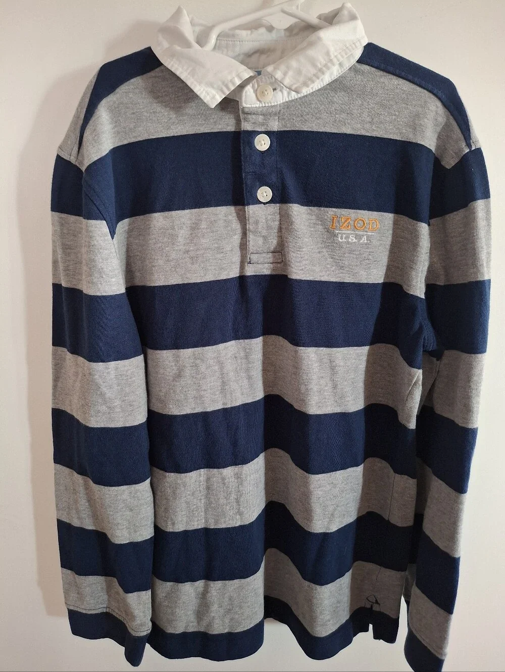Izod Navy and Gray Striped Crewneck Rugby Shirt